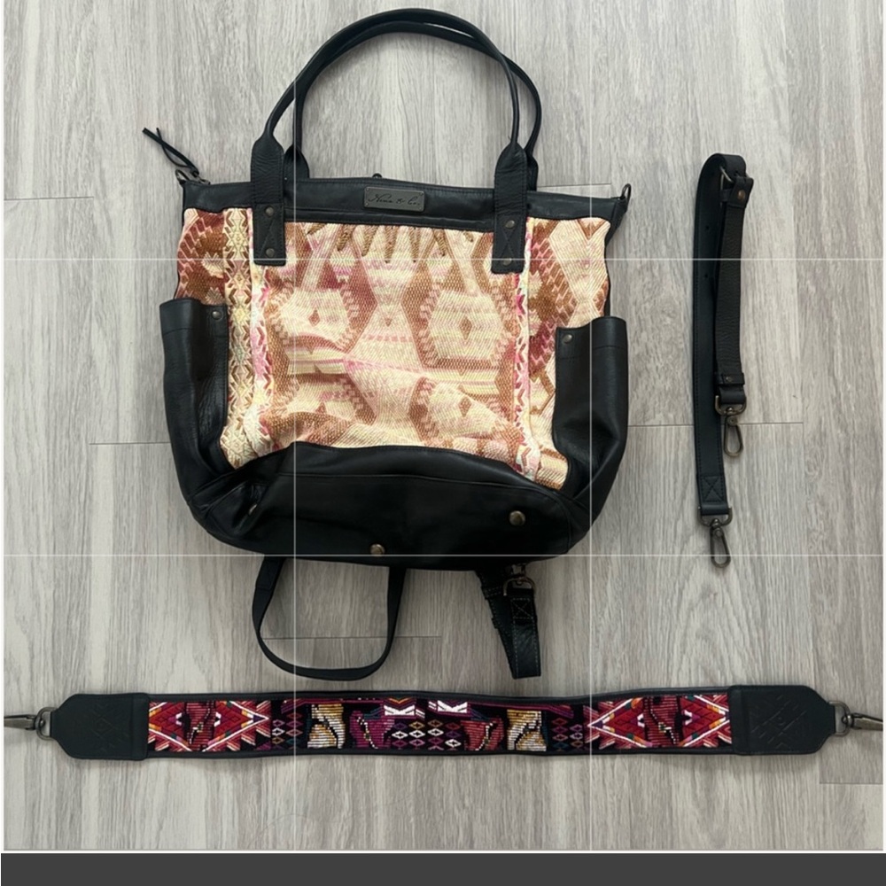 Nena & Co. Convertible Backpack Tote Bag Black Leather Tribal Geometric Woven - Picture 14 of 14